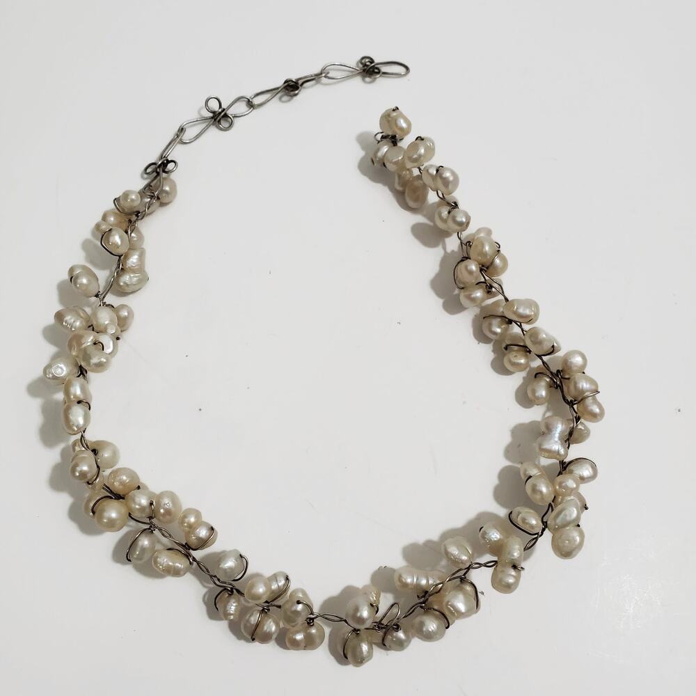 Freshwater Potato Pearl Wire Wrapped Sterling Silver Necklace 18" - Picture 4 of 9